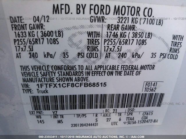 1FTFX1CF8CFB68515 - 2012 FORD F150 SUPER CAB WHITE photo 9