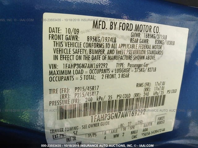 1FAHP3GN7AW169292 - 2010 FORD FOCUS SES BLUE photo 9