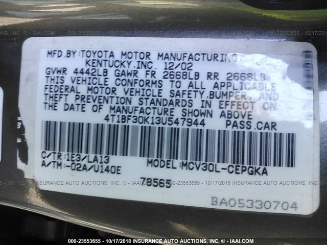 4T1BF30K13U547944 - 2003 TOYOTA CAMRY LE/XLE/SE GRAY photo 9
