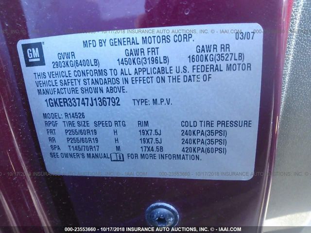 1GKER33747J136792 - 2007 GMC ACADIA SLT-2 RED photo 9