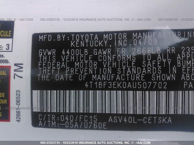 4T1BF3EK0AU507702 - 2010 TOYOTA CAMRY SE/LE/XLE WHITE photo 9