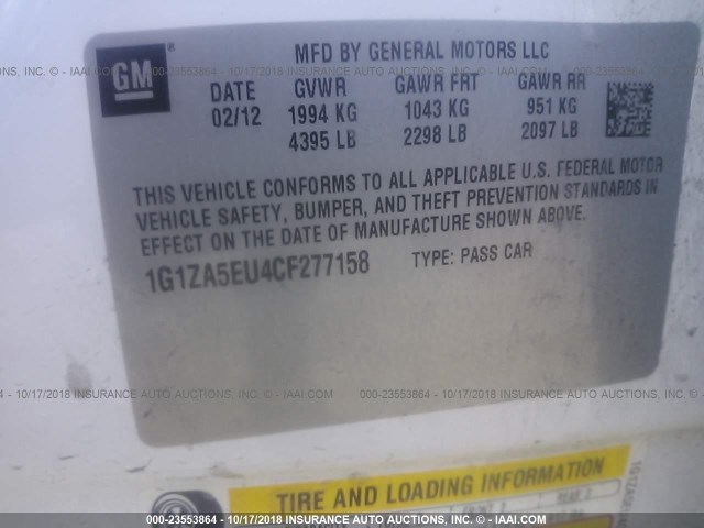 1G1ZA5EU4CF277158 - 2012 CHEVROLET MALIBU LS თეთრი ფოტო 9