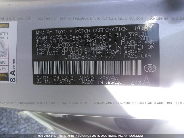 JTNBB46K273030222 - 2007 TOYOTA CAMRY NEW GENERAT HYBRID SILVER photo 9