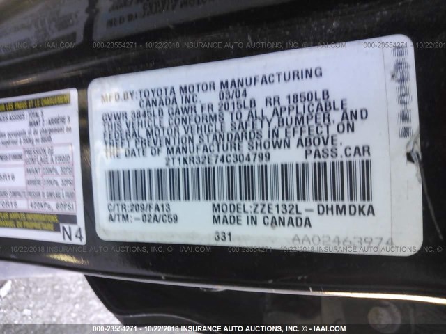 2T1KR32E74C304799 - 2004 TOYOTA COROLLA MATRIX XR BLACK photo 9
