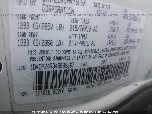 1D4GP24R34B599567 - 2004 DODGE GRAND CARAVAN SE WHITE photo 9