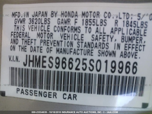 JHMES96625S019966 - 2005 HONDA CIVIC HYBRID BEIGE photo 9