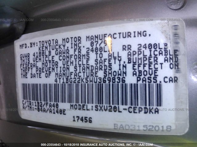 4T1BG22K5WU369836 - 1998 TOYOTA CAMRY CE/LE/XLE 灰色 照片 9