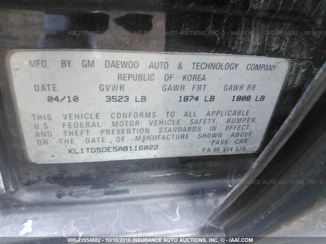 KL1TD5DE5AB116022 - 2010 CHEVROLET AVEO LS/LT BLACK photo 9