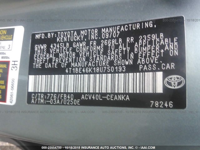 4T1BE46K18U750193 - 2008 TOYOTA CAMRY CE/LE/XLE/SE TEAL photo 9