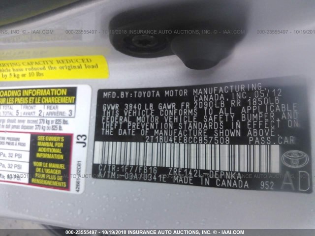 2T1BU4EE8CC857508 - 2012 TOYOTA COROLLA S/LE SILVER photo 9