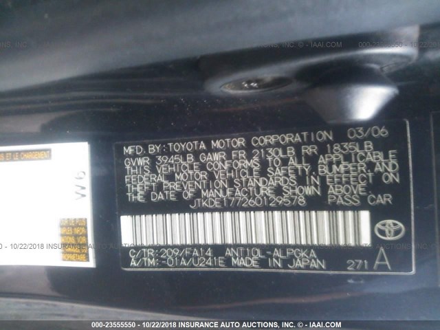 JTKDE177260129578 - 2006 TOYOTA SCION TC 黑色 照片 9