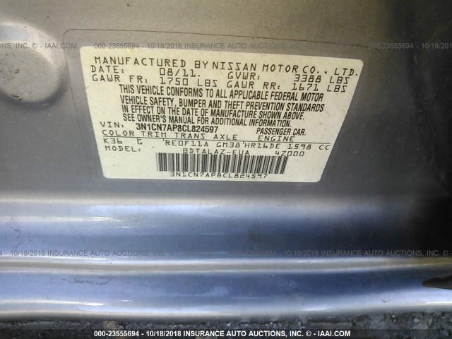 3N1CN7AP8CL824597 - 2012 NISSAN VERSA S/SV/SL GRAY photo 9