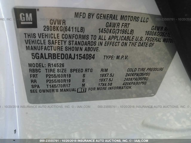 5GALRBED0AJ154084 - 2010 BUICK ENCLAVE CXL WHITE photo 9