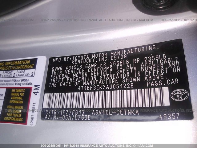 4T1BF3EK7AU051228 - 2010 TOYOTA CAMRY SE/LE/XLE SILVER photo 9