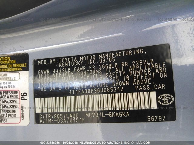 4T1FA38P36U085312 - 2006 TOYOTA CAMRY SOLARA SE/SLE Açıq mavi foto 9