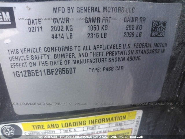 1G1ZB5E11BF285607 - 2011 CHEVROLET MALIBU LS 黑色 照片 9