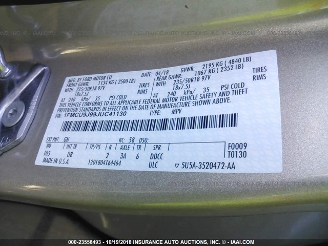 1FMCU9J99JUC41130 - 2018 FORD ESCAPE TITANIUM GOLD photo 9