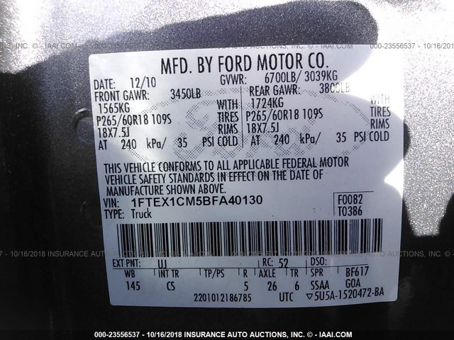 1FTEX1CM5BFA40130 - 2011 FORD F150 SUPER CAB GRAY photo 9