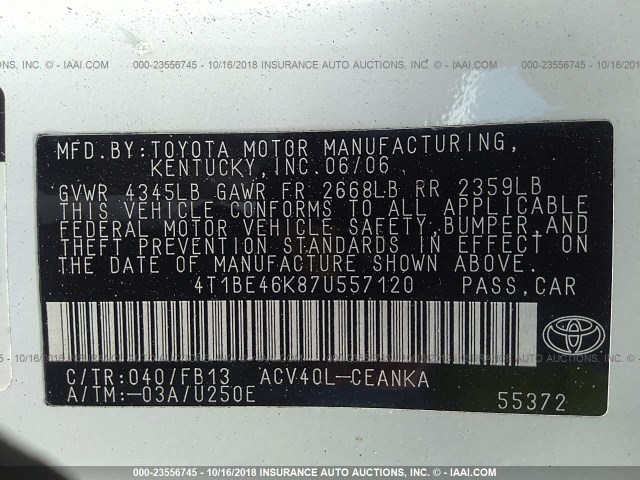 4T1BE46K87U557120 - 2007 TOYOTA CAMRY NEW GENERAT CE/LE/XLE/SE WHITE photo 9