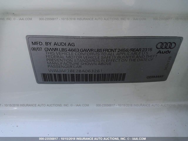 WAUAF78E28A063261 - 2008 AUDI A4 2.0T WHITE photo 9