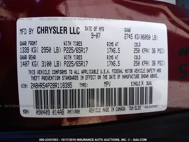 2A8HR54P28R118395 - 2008 CHRYSLER TOWN & COUNTRY TOURING RED photo 9