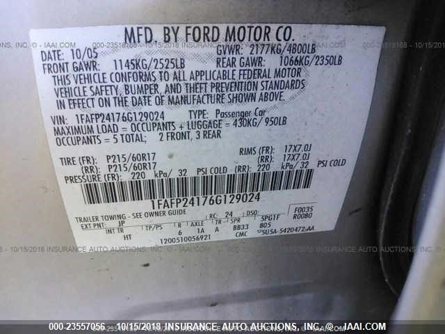 1FAFP24176G129024 - 2006 FORD FIVE HUNDRED SEL SILVER photo 9