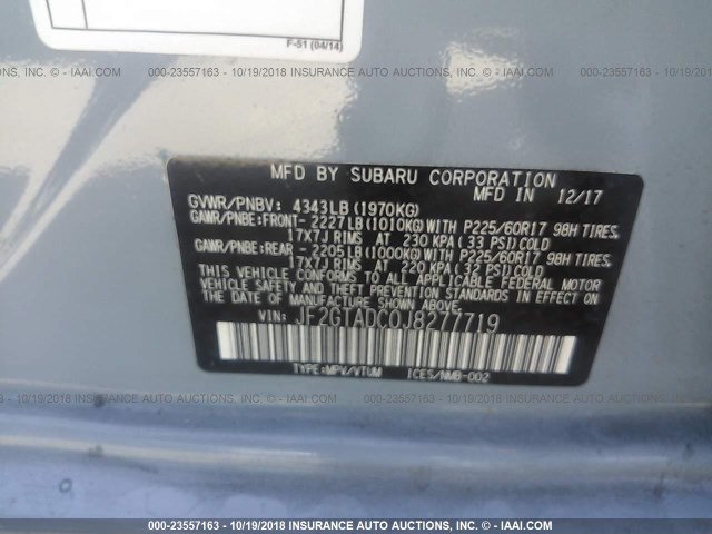 JF2GTADC0J8277719 - 2018 SUBARU CROSSTREK PREMIUM Կապույտ լուսանկար 9