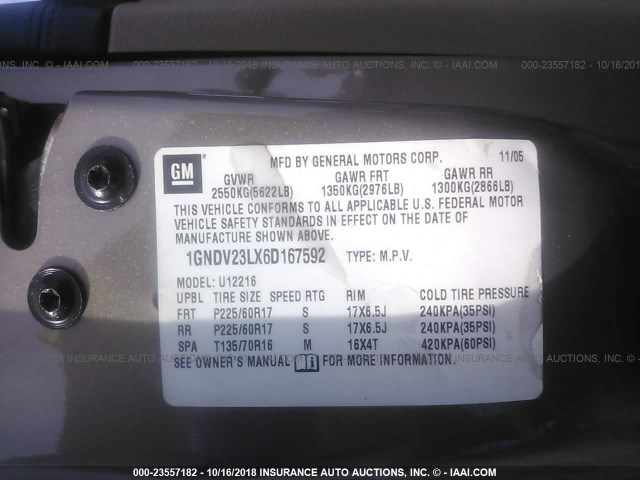 1GNDV23LX6D167592 - 2006 CHEVROLET UPLANDER LS BEIGE photo 9