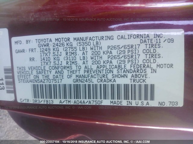 5TEUU4EN5AZ707517 - 2010 TOYOTA TACOMA ACCESS CAB Կարմիր լուսանկար 9