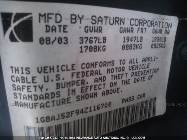 1G8AJ52F94Z116700 - 2004 SATURN ION LEVEL 2 勃艮第红 照片 9