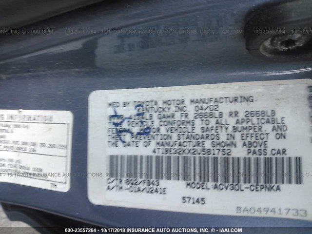 4T1BE32KX2U581752 - 2002 TOYOTA CAMRY LE/XLE/SE 蓝色 照片 9