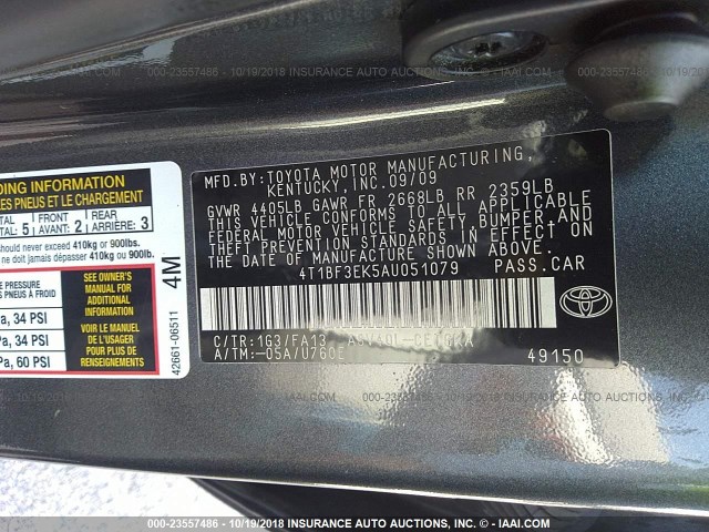 4T1BF3EK5AU051079 - 2010 TOYOTA CAMRY SE/LE/XLE ნაცრისფერი ფოტო 9