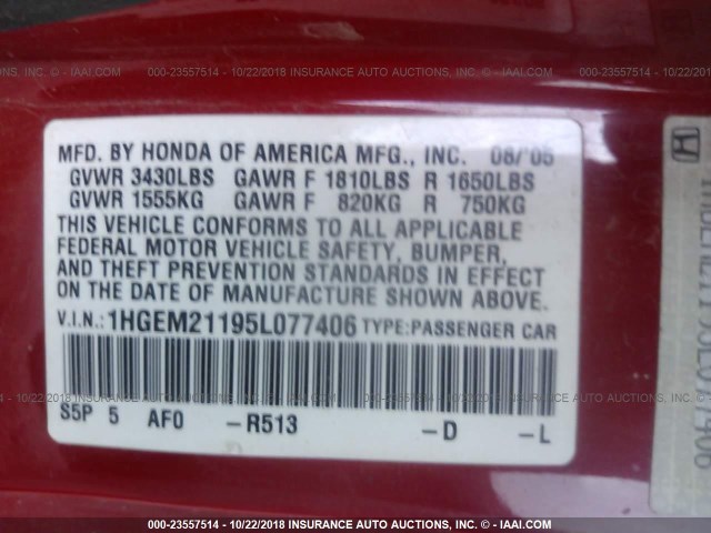 1HGEM21195L077406 - 2005 HONDA CIVIC DX VP RED photo 9
