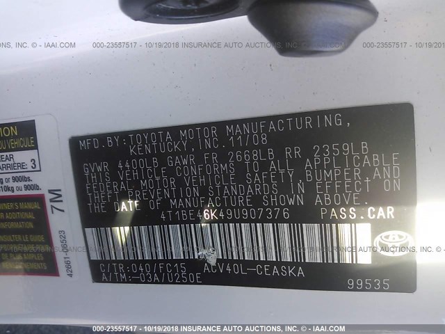 4T1BE46K49U907376 - 2009 TOYOTA CAMRY SE/LE/XLE WHITE photo 9
