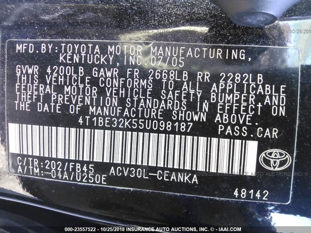 4T1BE32K55U098187 - 2005 TOYOTA CAMRY LE/XLE/SE BLACK photo 9