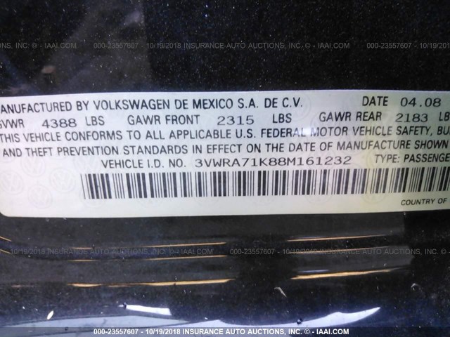 3VWRA71K88M161232 - 2008 VOLKSWAGEN JETTA WOLFSBURG 黑色 照片 9