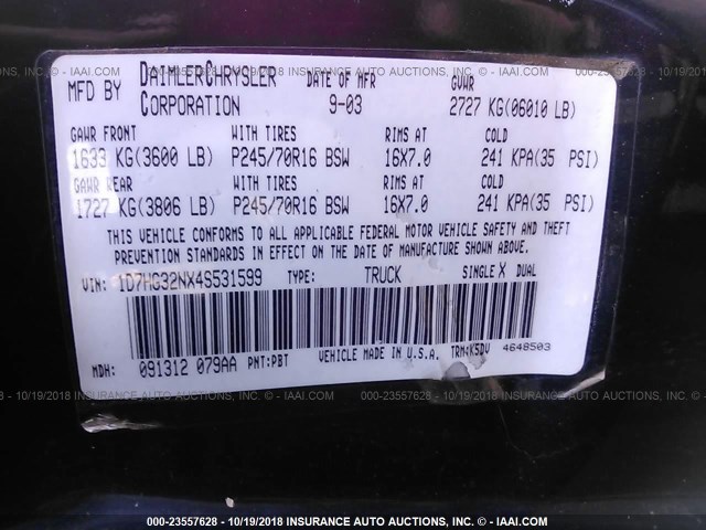 1D7HG32NX4S531599 - 2004 DODGE DAKOTA SPORT 深蓝色 照片 9