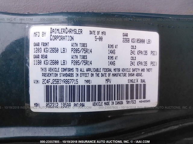 2C4FJ25B3YR867715 - 2000 CHRYSLER VOYAGER BLUE photo 9