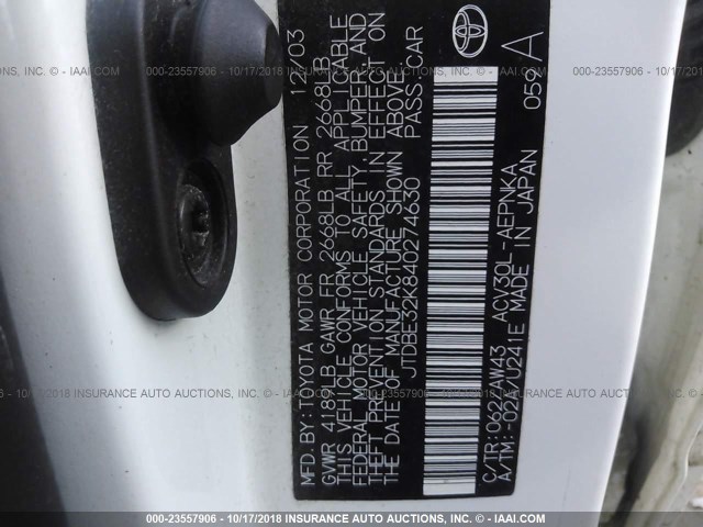 JTDBE32K840274630 - 2004 TOYOTA CAMRY LE/XLE Ақ фото 9