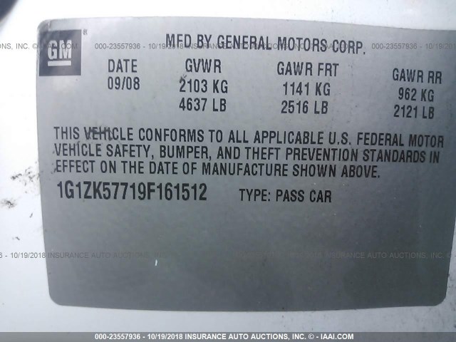 1G1ZK57719F161512 - 2009 CHEVROLET MALIBU LTZ 白色 照片 9