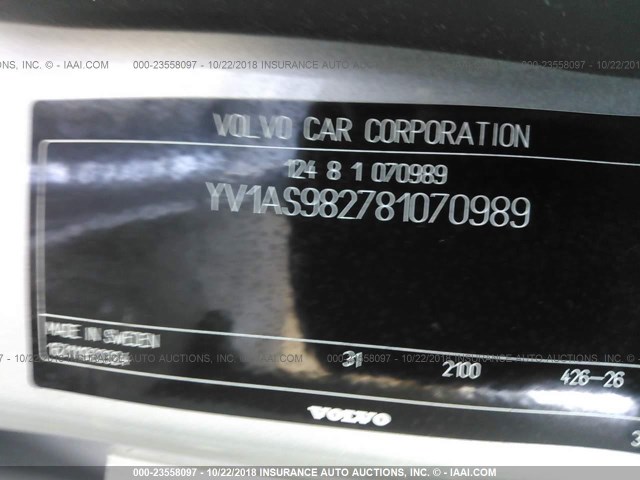 YV1AS982781070989 - 2008 VOLVO S80 3.2 SILVER photo 9