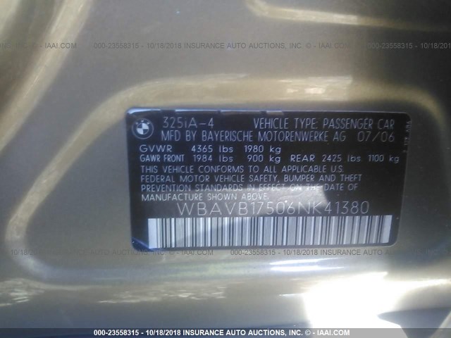 WBAVB17506NK41380 - 2006 BMW 325 I AUTOMATIC ოქროსფერი ფოტო 9