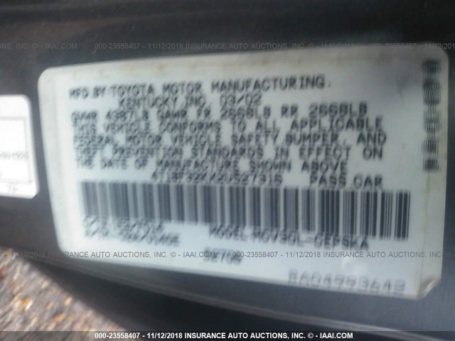 4T1BF32KX2U527316 - 2002 TOYOTA CAMRY LE/XLE/SE Boz foto 9