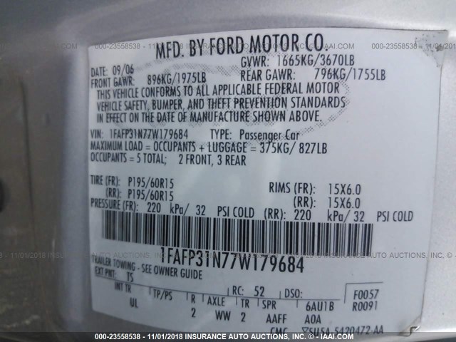 1FAFP31N77W179684 - 2007 FORD FOCUS ZX3/S/SE/SES SILVER photo 9