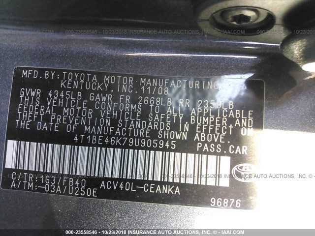 4T1BE46K79U905945 - 2009 TOYOTA CAMRY SE/LE/XLE ნაცრისფერი ფოტო 9