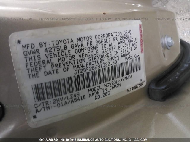 JT2BF28K810321397 - 2001 TOYOTA CAMRY LE/XLE 金色 照片 9