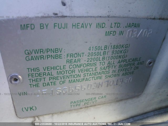 JF1SG65603H701430 - 2003 SUBARU FORESTER 2.5XS თეთრი ფოტო 9