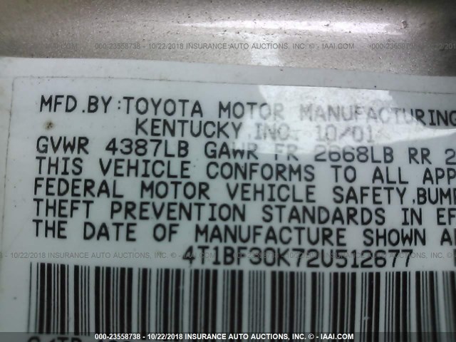 4T1BF30K72U512677 - 2002 TOYOTA CAMRY LE/XLE/SE 棕色 照片 9