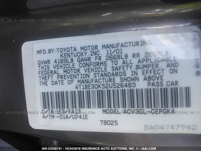 4T1BE30K52U526483 - 2002 TOYOTA CAMRY LE/XLE/SE GRAY photo 9