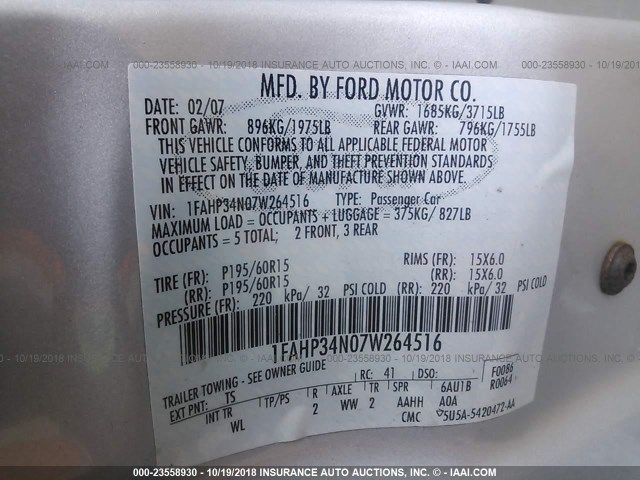 1FAHP34N07W264516 - 2007 FORD FOCUS ZX4/S/SE/SES 银色 照片 9